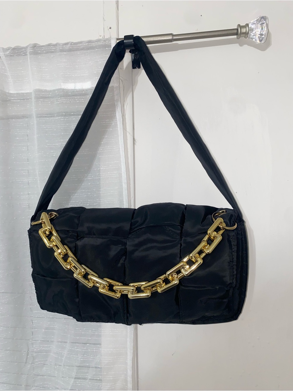Steve Madden Black Quilted Shoulder Bag with Gold Chain Detail